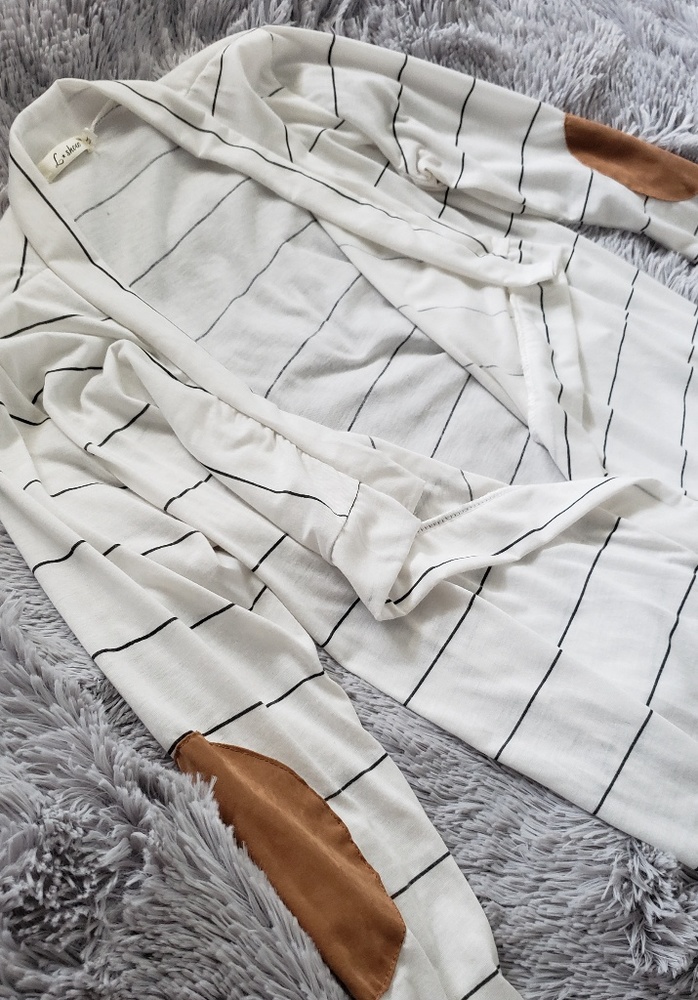 L SHOW Striped Cardigan with Elbow Patch Detail